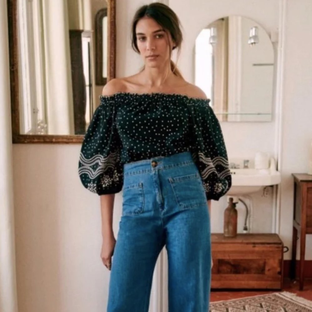 Sezane Santoni Blouse in Ecru Dots/Black Background